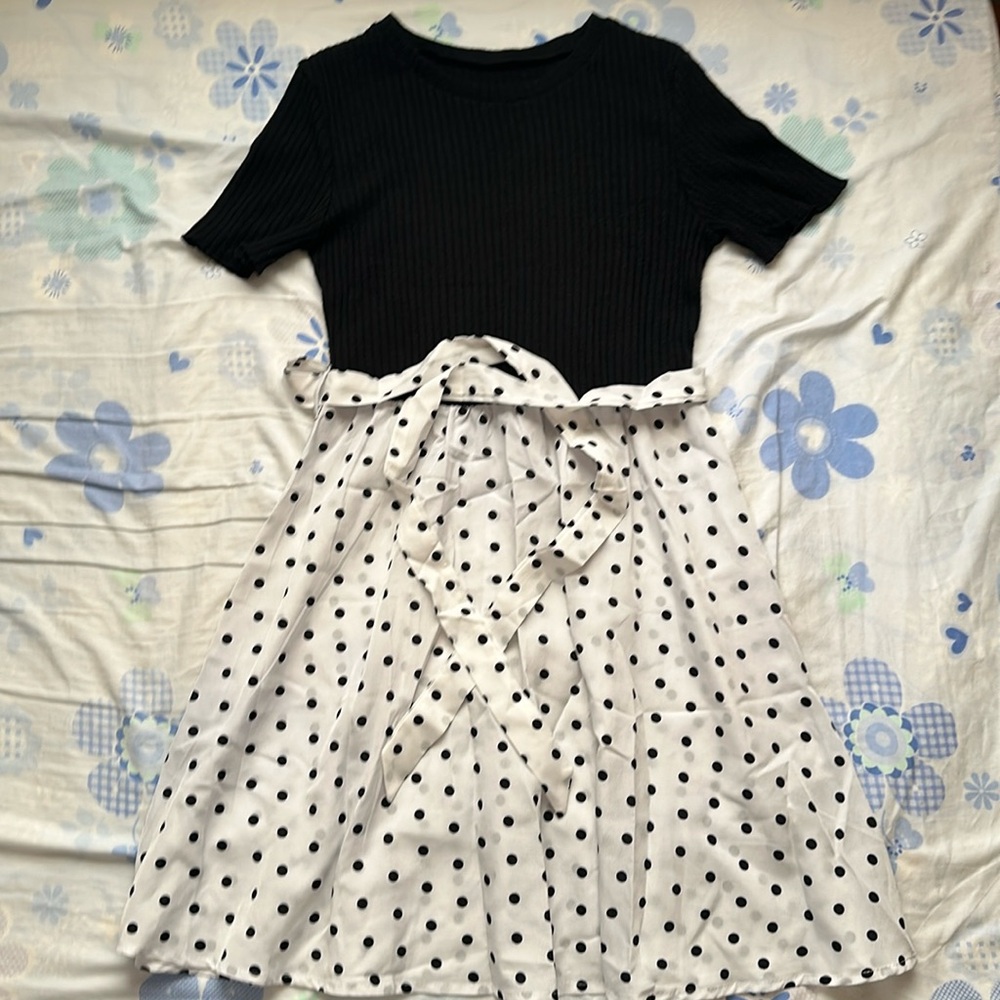 SHEIN Rib-knit Belted Polka Dot Hem Dress